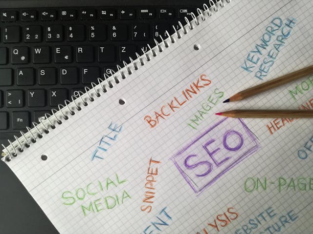 A bunch of SEO words written in colored pencil on graph paper. SEO is in the middle with a square around it surrounded by the words backlinks, images, title, social media, keyword research
